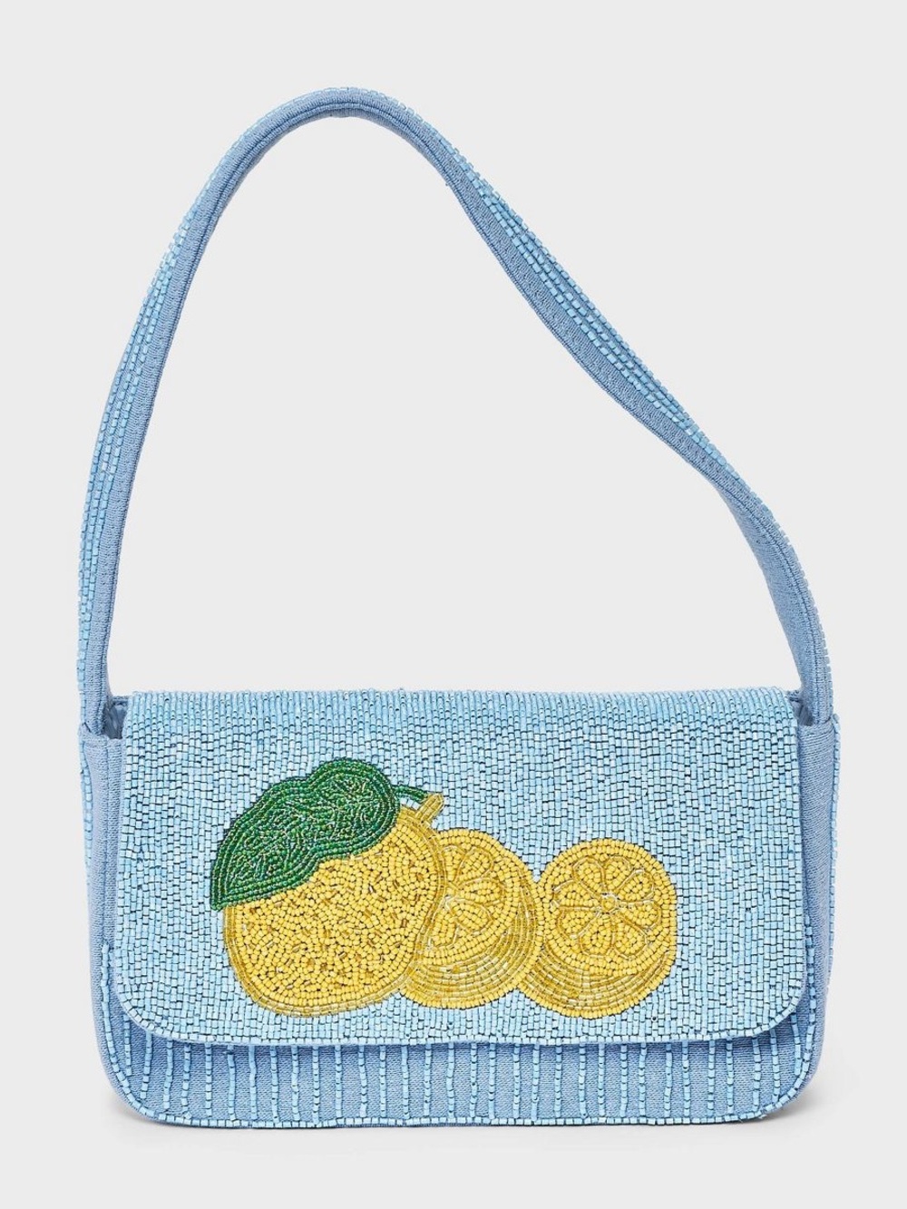 a new day Light Blue Beaded Shoulder Bag with Yellow Lemon Motif